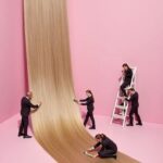 Long blonde hair being carefully groomed by multiple stylists