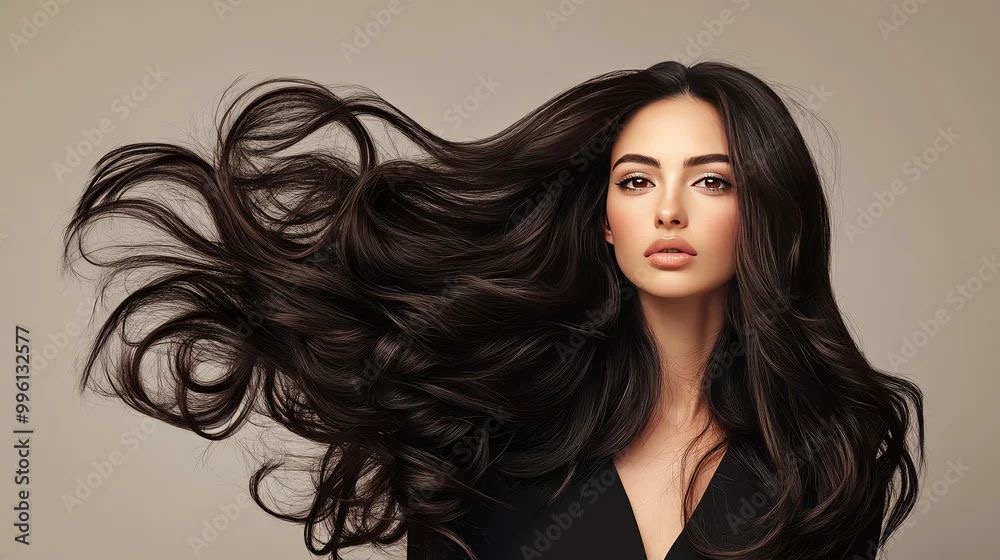 Long dark hair flowing in motion